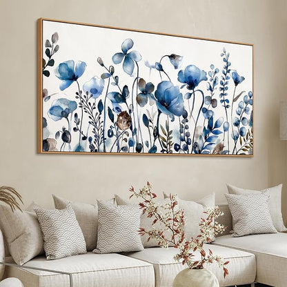 VEAEE Floral Wall Art, Abstract Indigo Flowers Canvas Pictures, Living Room Wall Decor, Modern Landscape Painting, Botanical Grass Artwork for Bedroom Bathroom Kitchen Office Wall Decor 29"x 58"