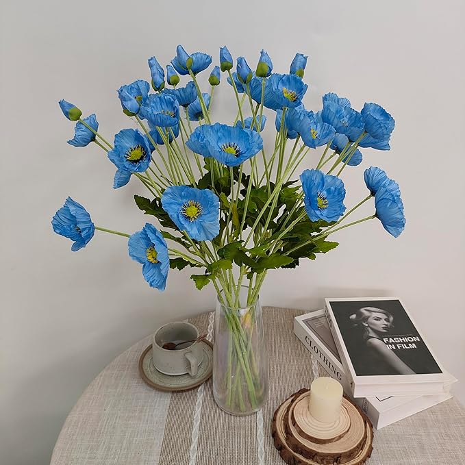 ATFL Blue Poppy Flowers Artificial for Wedding Decorations,12 Pcs Fake Faux Silk Poppies Bulk for Home Decor Table Centerpieces Floral Arrangement(23.5‘’, Blue)