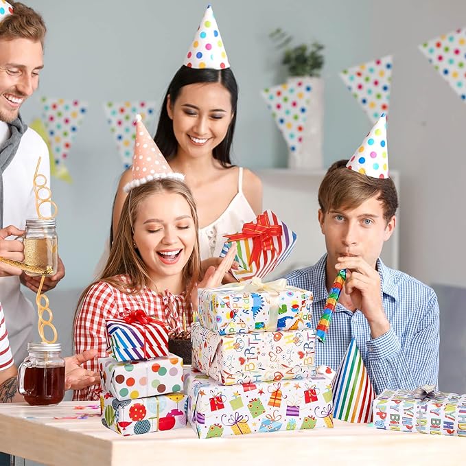 Tidponra Birthday Wrapping Paper Sheets Set, 14 Sheets Folded Flat Gift Wrapping Paper with Ribbon, Bows and Tape for Party, 19.7 in. X 27.5 in. Per Sheet