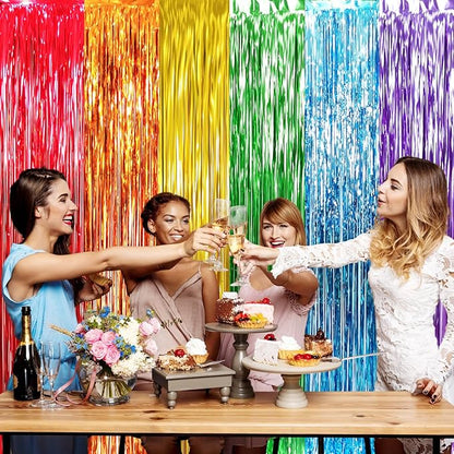 GOER 6.5 ft x 8.2 ft Metallic Tinsel Foil Fringe Curtains,Pack of 2 Party Streamer Backdrop for Birthday,Graduation Decorations and New Year Eve (Rainbow Colors)