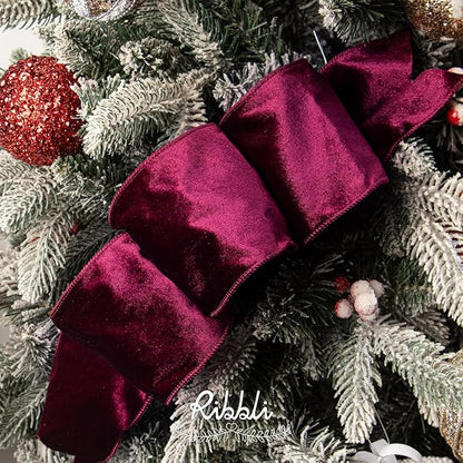 Ribbli Burgundy Velvet Wired Ribbon 4 Inch Velvet with Satin Christmas Ribbon for Gift Wrapping Christmas Tree Decoration Crafts Wreaths Supplies-Continuous 10 Yards