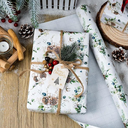 MAYPLUSS Christmas Wrapping Paper Roll - 17 In x 33 Feet - Cute Watercolor Christmas Pinecone Gift Wrap Paper for New Year, Holiday, Kids