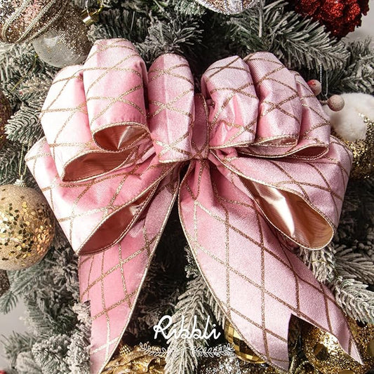 Ribbli Light Pink Velvet Ribbon Wired with Glitter Diamond Grid 4 Inch Christmas Ribbon for Christmas Tree Decoration Big Bow Gift Wrapping Crafts Wreaths Garland Supplies - 10 Yards