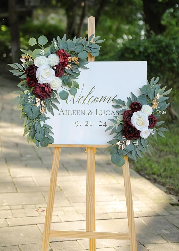 Artificial Burgundy Wedding Arch Flower Swags Set of 2 for Welcome Signs, Reception and Ceremony Decorations - Ivory Floral Decor