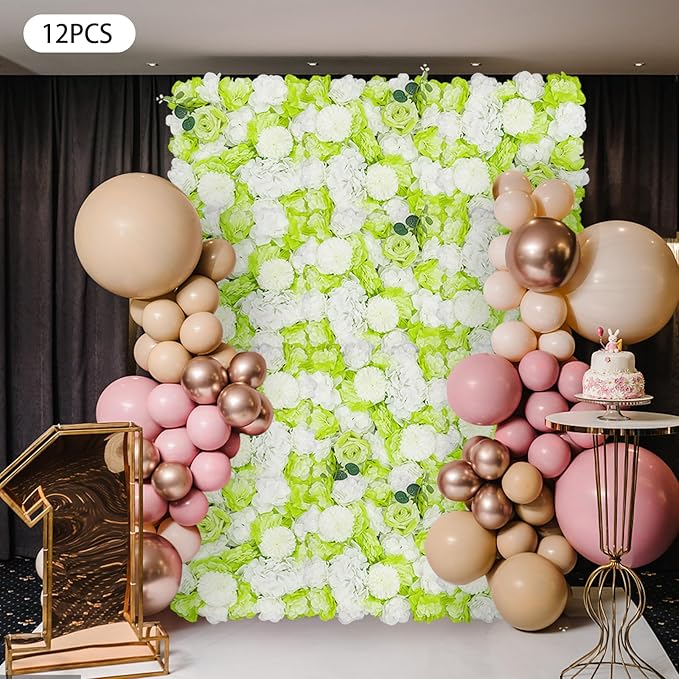 12Pcs Artificial Flower Wall Panel,3D 15" X 15" Silk Rose Mat Artificial Flower Wall,Decorative Backdrop Flower Panels Wall for Wedding Party Stage Baby Shower Decor (Green, White)