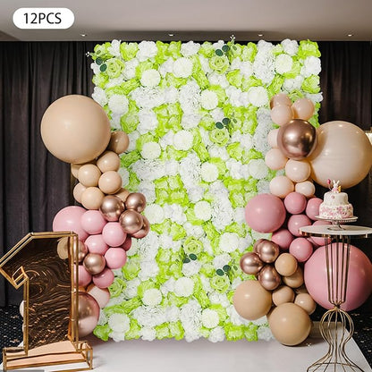 12Pcs Artificial Flower Wall Panel,3D 15" X 15" Silk Rose Mat Artificial Flower Wall,Decorative Backdrop Flower Panels Wall for Wedding Party Stage Baby Shower Decor (Green, White)