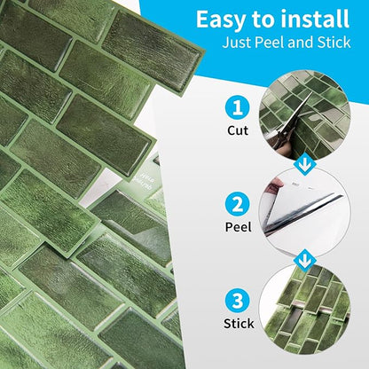 Art3d 10-Sheet Kitchen Backsplash Tiles Peel and Stick, Self Adhesive Wall Tile Sticker for Kitchen Island Bathroom Laundry Room RV Renter 12" x 12" - Jade Green