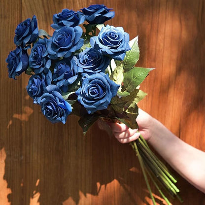 FiveSeasonStuff Silk Roses Artificial Flowers for Decoration, Home Decor Centerpiece for Tables, Wedding Bridal Bouquet of Flowers Real Touch Roses 12 Stems (Royal Blue)