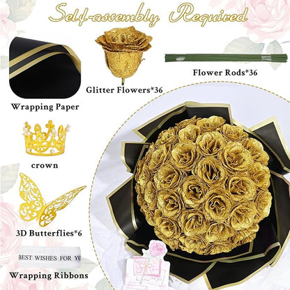 Waipfaru Glitter Roses Bouquet, DIY Fake Flowers Bouquet, Birthday Gifts for Women Mom, 36 Pcs Gold Rose for Grandma Wife Girlfriend Valentines, Mothers Day, Anniversary, Graduation