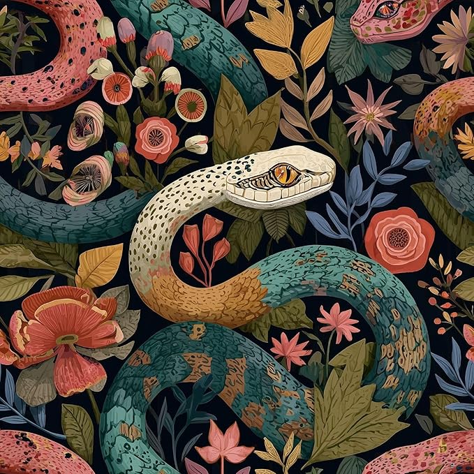 Floral Peel and Stick Modern Animal Wallpaper Whimsical Snake Removable Botanical Leaf 17.7" x 236.22" Wall Paper Watercolor Self Adhesive Contact Paper for Classroom Bedroom laundry room bathroom