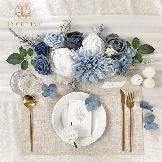 TINGE TIME Artificial Flowers Dusty Blue and White Flower Combo for DIY Wedding Bouquets Table Centerpieces Arrangements Party Baby Shower Home Decorations