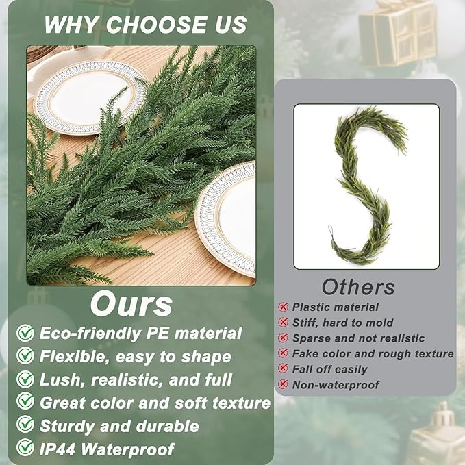 9ft Artificial Christmas Garland, Realistic Norfolk Pine Greenery Garland for Fireplace Mantel, Table, Doorframe, Indoor Outdoor Xmas Holiday Decoration, Real Touch Full Cedar Pine Garland