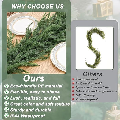 9ft Artificial Christmas Garland, Realistic Norfolk Pine Greenery Garland for Fireplace Mantel, Table, Doorframe, Indoor Outdoor Xmas Holiday Decoration, Real Touch Full Cedar Pine Garland