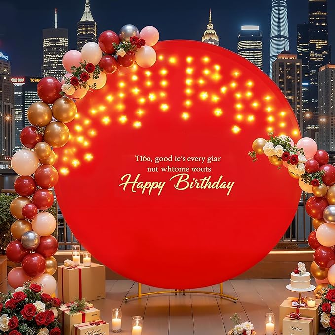7.2 FT Red Round Backdrop Cover with Lights String for Circle Arch Stand Circle Backdrop Covers with LED Fairy Lights for Wedding Arch Baby Shower Birthday Party Photo Shoot Photography Background