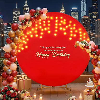 7.2 FT Red Round Backdrop Cover with Lights String for Circle Arch Stand Circle Backdrop Covers with LED Fairy Lights for Wedding Arch Baby Shower Birthday Party Photo Shoot Photography Background