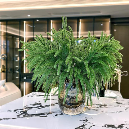 16 Pcs Christmas Norfolk Pine Stems Fake Cypress Stems Plastic Pine Greenery Real Touch Greenery Picks Artificial DIY Plastic Picks for Holiday Winter Table Xmas Decor（NO VASE）