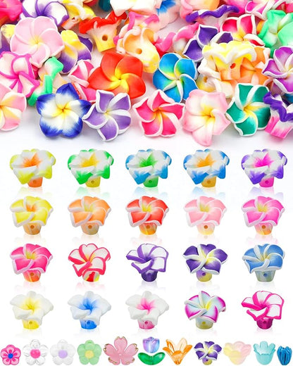 FIVEIZERO 80PCS Clay Plumeria Flower Beads, 20 Colors Hawaiian Polymer Floral Bead Charms for Bracelets, Necklaces & DIY Jewelry Making Crafts