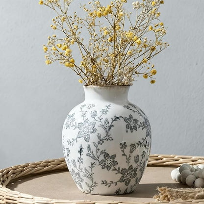 SIDUCAL Ceramic Vintage Vase, 5.83 Inch Retro Ice Cracked Chinoiserie Floral Vase, Rustic Farmhouse Vases for Home Decor, Bookshelf, Garden, Chinoiserie Decor, Tuscan Decor, Gray Floral Pattern