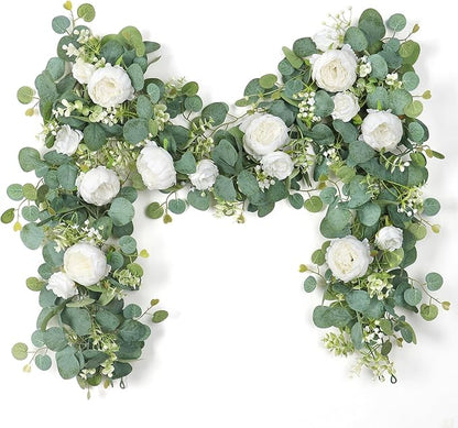 SOMYTING 2 Pack 13FT Flower Garland, Artificial Rose Vine Fake Flower Garland Silk Rose Peony Hanging Vine Faux Floral Vine for Wedding Party Arch Table Wall Backdrop Decoration (White)