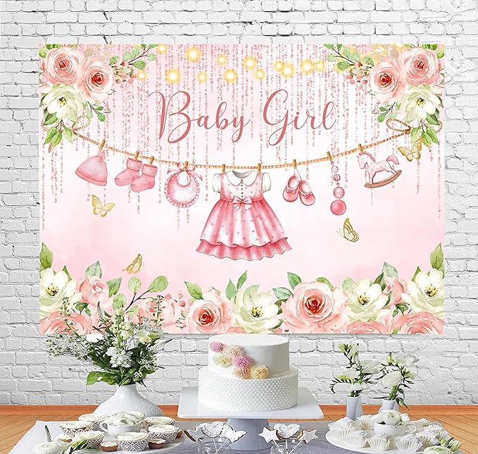 InMemory Pink Floral Baby Girl Baby Shower Backdrop Banner Decorations for Girl,Rose Gold Baby Clothes It's a Sweet Girls Baby Shower Party Banner Photography Background Photo Booth Backdrops 7x5ft