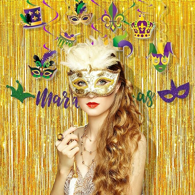 BRAVESHINE Gold Tinsel Foil Fringe Curtains - 2Pcs 3.2x8.2ft Holidays Photo Backdrop for Men 60th Birthdays/Bridal Wedding/Engagement/Anniversary/Hawaiian/Luau/Christmas/New Years Party Decorations
