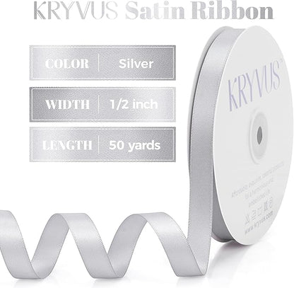 Silver Satin Ribbon, Double Faced 1/2 Inch X 50 Yards Silver Ribbon, Premium Satin Ribbon for Gift Wrapping, Crafts, Hair Bow Making, Sewing, Flower Bouquet, Wedding Party Decor