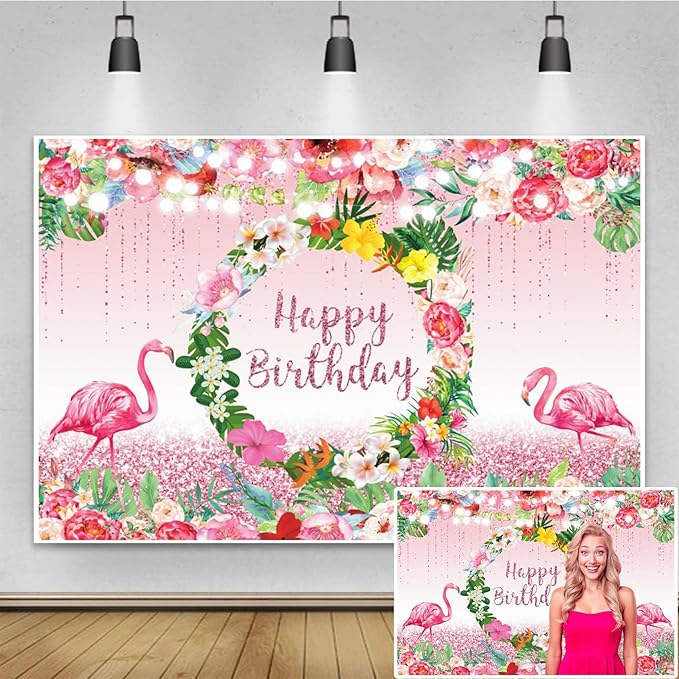 Renaiss 7x5ft Pink Flamingo Happy Birthday Backdrop Tropical Leaves Floral Hoop Winkle Hawaiian Photography Background Luau Aloha Party Decor Girls Birthday Photo Props Dessert Gift Table Banner