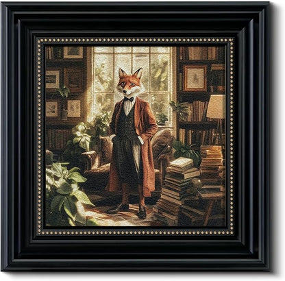 Vintage 3D Textured Fox Duke Scholar Framed Wall Art 16x16, Anthropomorphic Animal Portrait Sandstone Panel Print Artwork, Rustic Retro Farmhouse Living Room Bedroom Study Gallery Home Decor
