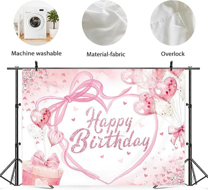 Pink Bow Birthday Party Decorations Backdrop 7Wx5H Photography Coquette Birthday Decorations for Girl Happy Birthday Backdrop for Women Bachelorette Party Banner Photo Booth Props Supplies