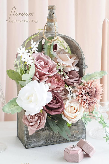 Floroom Dusty Rose Mauve Artificial Flowers Fake Roses Peony and Greenery Combo Box Set for DIY Wedding Bouquets Bridal Shower Centerpieces Floral Arrangements Party Tables Home Decorations