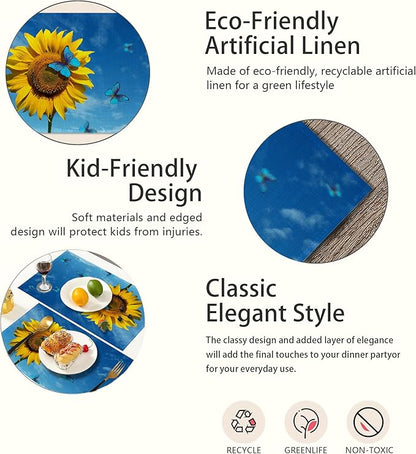 Placemats,Sunflower Blue Butterfly Placemats 12x18 Inch Waterproof Non-Slip Washable Table Mats for Kitchen Dining Party Table Decor,Set of 6