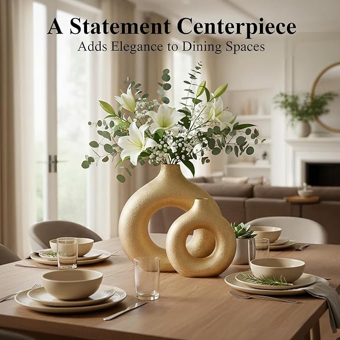 Modern Donut-Shaped Decorative Vases, Handmade Minimalist Boho ins Style, Modern Vase for Home Decor for Wedding Dinner Table Party Living Room Office Bedroom (Gold, Large)