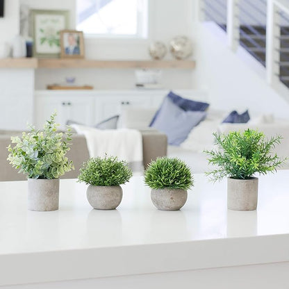 Artificial Plants for Home Decor Indoor. 4 Mini Plants, Rosemary Faux Plant Decor, Eucalyptus Plant, Grass Plants. Small Fake Shelf or Desk Greenery Décor