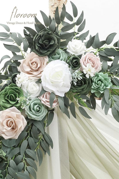 Floroom Arch Flowers with Drapes Kit (Pack of 4) - 2pcs Artificial Emerald & Sage Green Floral Swag Arrangement with 2pcs Draping Fabric for Wedding Ceremony Arbor and Reception Backdrop Decoration