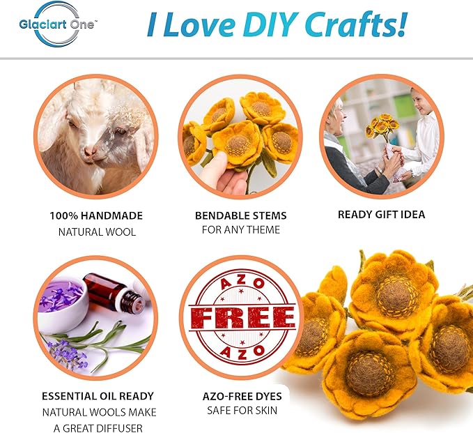 Glaciart One Felt Sunflowers Artificial Bouquet - 5 pcs | Reusable, Washable and Essential Oil Ready Multi Color Artificial Flowers w/Bendable Wire Stems |Great Gift or Home/Event Decorations