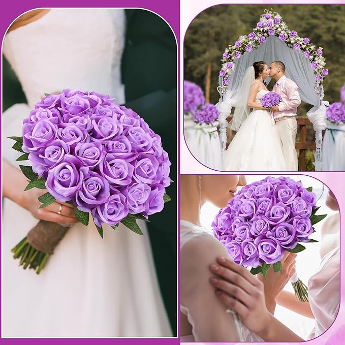80 Pcs Roses Artificial Flowers, Silk Purple Artificial Flowers Petals Long Stem Roses for Wedding Bouquet Home Party Decor