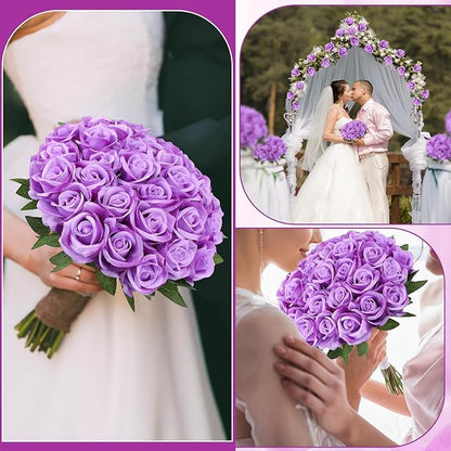150 Pcs Roses Artificial Flowers, Silk Purple Artificial Flowers Petals Long Stem Roses for Wedding Bouquet Home Party Decor