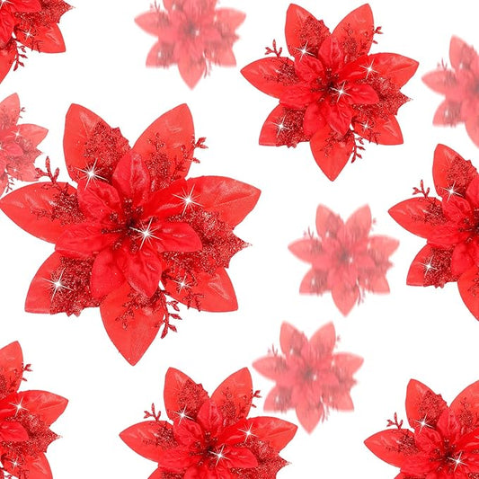 Geosar 24 Christmas Glitter Artificial Poinsettia Flowers Xmas Poinsettia Artificial Wedding Flowers Decorations Xmas Tree Ornaments with Clips for Party Favors, 6 Inch, 4 Inch, 3 Inch (Red)