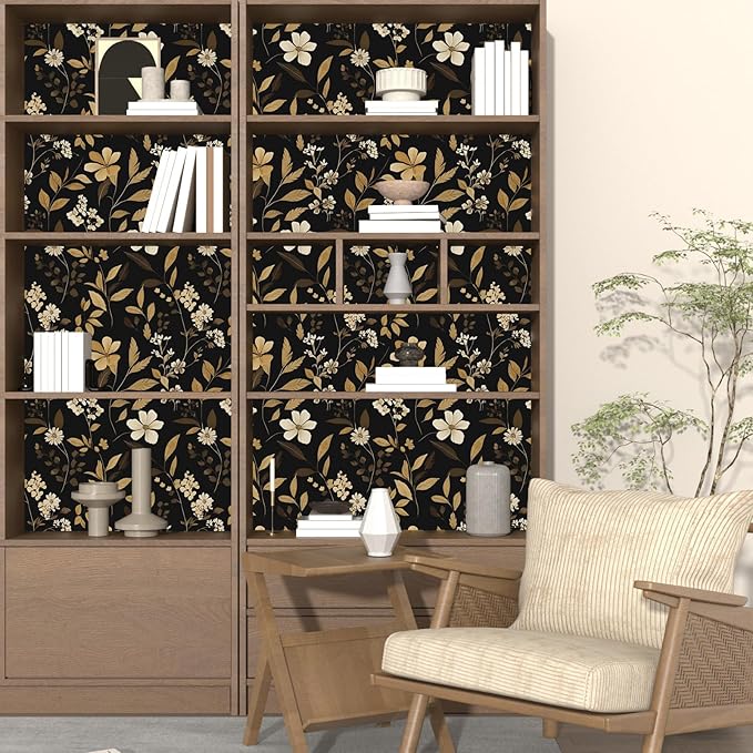 Black Floral Wallpaper Peel and Stick Gold Leaf Contact Paper 17.4" x 118" Boho Wallpaper Waterproof Self Adhesive Wall Covering for Bedroom Countertop Desk Cabinets Decor