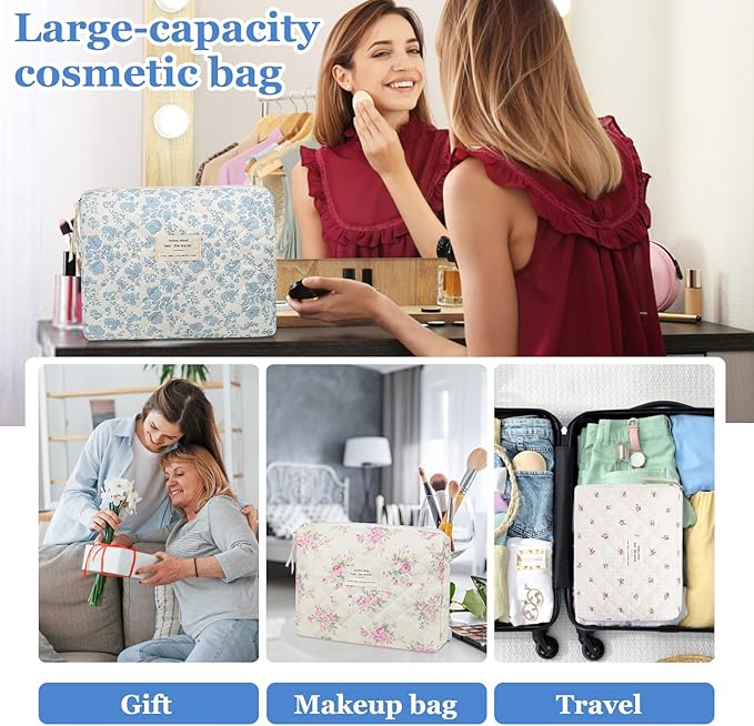 2PC Makeup Bag Set, Cute Cosmetic Bag for Women Girls, Floral Coquette Aesthetic Toiletry Bag, Travel Make Up Organizer Bag (Navy Blue)