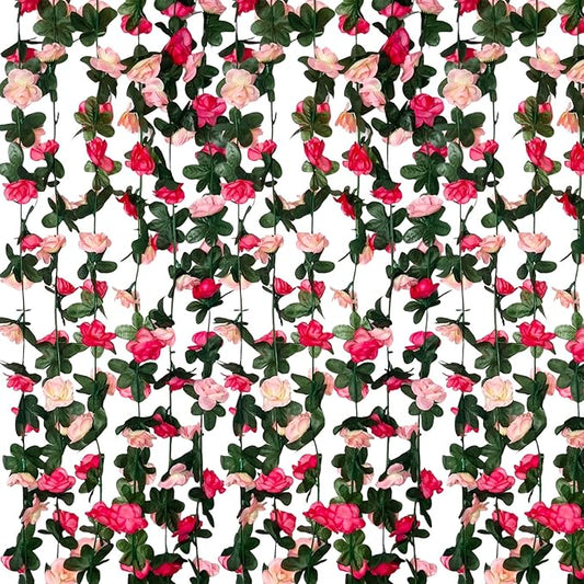 16Pcs 126Ft Pink Rose Garland, Fake Rose Hanging Flowers, Artificial Flower Vine, Hanging Floral Vine Garland for Wedding, Birthday Party, Wall Arch, Halloween, Christmas Garden Backdrop Decor