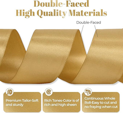 Light Gold Satin Ribbon, Double Faced 2 Inch X 25 Yards Light Gold Ribbon, Premium Satin Ribbon for Gift Wrapping, Crafts, Hair Bow Making, Sewing, Flower Bouquet, Wedding Party Decor
