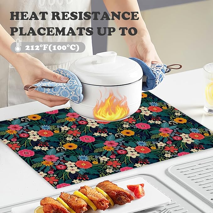 Placemats Set of 4 Colorful Flowers and Leaves Dining Place Mats Linen Table Mat for Farmhouse Home Kitchen Decor 12 X 18 Inch