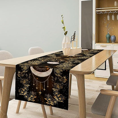 Boho Floral Table Runner, Spring Gothic Moon Phase Wildflower Mystical Witchy Farmhouse Coffee Table Center Decor for Home Kitchen Dining Patio Holiday Party Table Decorations 13x36 inches