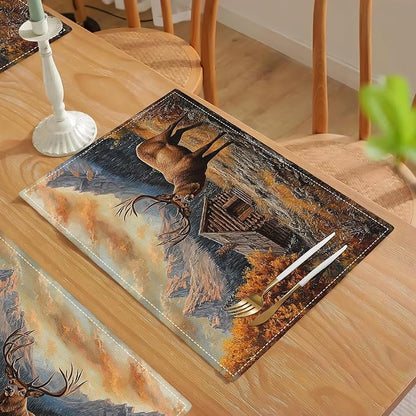 Farmhouse Deer Placemats Set of 6, Country Natural Place Mats, Rustic Forest Lodge Elk Wildlife Dining Table Mats, Washable Placemats for Kitchen Dining Room 18L'' × 12W''