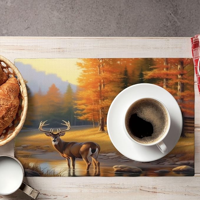Rustic Deer Placemats, Natural Vintage Old Oil Painting Style Forest Lodge Hunting Elk Wildlife Print Washable Fabric Placemats Table Kitchen Dining Party 12x18 Inch Set of 6