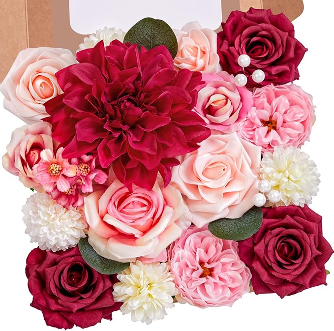 Serwalin Burgundy Hot Pink Artificial Flowers Silk Flowers Fake Cake Flowers Arrangements for DIY Wedding Bouquets Party Table Centerpieces Home Decorations Indoor Outdoor