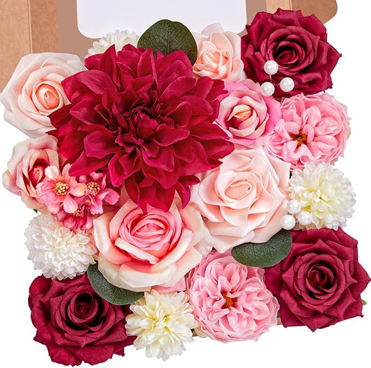 Serwalin Burgundy Hot Pink Artificial Flowers Silk Flowers Fake Cake Flowers Arrangements for DIY Wedding Bouquets Party Table Centerpieces Home Decorations Indoor Outdoor