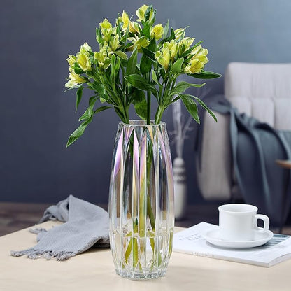 Glass Vase - Modern Ribbed Glass Vase for Flowers, Candles, and Decorative Accents -Black Grey, Amber, Clear and Colored Tall/Short Glass Vase for Centerpieces Home Table Decor (Colored, H-11.8inch)