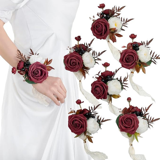 Burgundy Corsage for Wedding(Set of 6),Wrist Corsage,Corsage for Prom,Party Prom Hand Flower Decor,Bridesmaid Wrist Corsage,Vintage Wedding,Gothic Wedding,Artificial Flowers